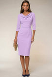 Navy Bodycon Cowl Neck Long Sleeves Midi Work Dress