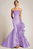 Strapless Satin Mermaid Long Black Tie Dress with Ruffles