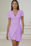 Ivory V-Neck Pleated Short Pencil Work Dress with Sleeves