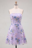 Pink Sparkly Floral Beaded Strapless Sequin Short Cocktail Dress
