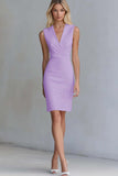 Dusty Blue Bodycon Ivory V-Neck Short Work Dress