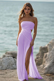 White Chiffon Sheath Ruched Strapless Maxi Rehearsal Dinner Dress with Slit