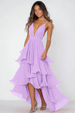 Red V-Neck A Line Long Chiffon Formal Dress with Ruffles
