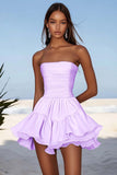 Sky Blue Ruched Mini Graduation Dress with Ruffles