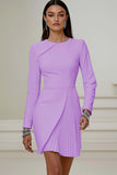 Short Ivory Pencil Pleated Round Neck Work Dress with Sleeves