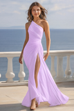 Ivory Ruched One Shoulder Chiffon Maxi Engagement Dress with Slit