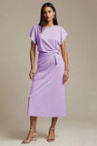 Maxi Pink Boat Neck Satin Ruched Work Dress with Sleeves