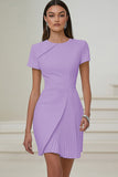 Dusty Blue Bodycon Satin Short Pleated Work Dress with Sleeves