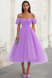 Yellow Tulle Off the Shoulder A Line Midi Formal Dress