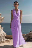 White Chiffon Sheath V-Neck Ruched Maxi Rehearsal Dinner Dress