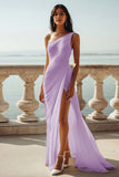 Champagne Chiffon Ruched One Shoulder Beach Maxi Engagement Dress with Slit