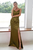 Burgundy Sheath V Neck Satin Long Bridesmaid Dress With Split