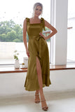 Champagne Square Neck Short Bridesmaid Dress With Slit