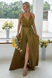 Dark Green Backless V-Neck Long Bridesmaid Dress With Side Slit