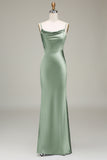 Dusty Sage Sheath Spaghetti Straps Satin Long Bridesmaid Dress