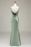 Dusty Sage Sheath Spaghetti Straps Satin Long Bridesmaid Dress