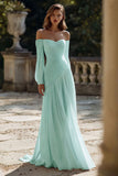 Simple Ivory Chiffon Sweep Train Ruched Wedding Dress with Sleeves