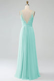 A-Line Pleated Spaghetti Straps Chiffon Bridesmaid Dress With Slit