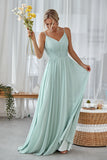 Mint Green A Line V Neck Long Pleated Bridesmaid Dress