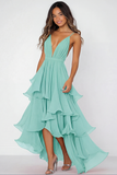 Red V-Neck A Line Long Chiffon Formal Dress with Ruffles