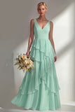 Sea Glass V Neck Ruffled Sleeveless Long Bridesmaid Dress