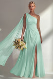 Burgundy One Shoulder Backless Ruched Long Bridesmaid Dress with Slit