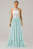 Ivory A-Line Halter Pleated Keyhole Chiffon Bridesmaid Dress With Lace