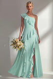 Light Pink One Shoulder Ruffled Long Bridesmaid Dress with Slit