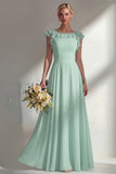 A Line Round Neck Ruffled Dusty Blue Long Bridesmaid Dress