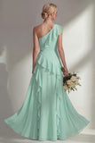 Light Pink One Shoulder Ruffled Long Bridesmaid Dress with Slit