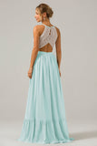 Ivory A-Line Halter Pleated Keyhole Chiffon Bridesmaid Dress With Lace