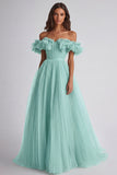 Dusty Sage A Line Tulle Long Wedding Guest Dress with Ruffles