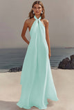 White Chiffon A Line Halter Maxi Rehearsal Dinner Dress
