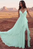 White A Line Swep Train Western Boho Wedding Dress with Ruffles