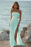 White Chiffon Sheath Ruched Strapless Maxi Rehearsal Dinner Dress with Slit