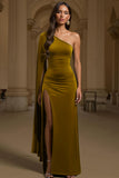 Sheath Velvet Dark Green One Shoulder Long Holiday Party Dress with Slit