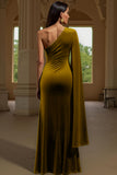 Sheath Velvet Dark Green One Shoulder Long Holiday Party Dress with Slit