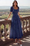 White Lace Square Neck Long Wedding Reception Dress with Sleeves