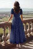 White Lace Square Neck Long Wedding Reception Dress with Sleeves