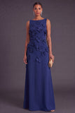 Hot Pink Floral Boat Neck A Line Long Formal Dress