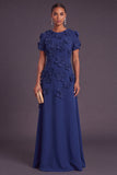 Blue Floral A Line Round Neck Long Formal Dress with Sleeves
