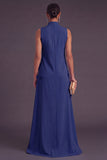 Blue Floral High Neck A Line Long Formal Dress