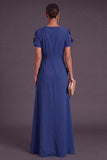 Blue Floral A Line Round Neck Long Formal Dress with Sleeves