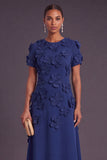 Blue Floral A Line Round Neck Long Formal Dress with Sleeves