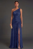 One Shoulder Gold Sheath Ruched Long Formal Dress with Slit