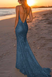 Sparkly Dusty Sage Sequined Spaghetti Straps Mermaid Formal Dress
