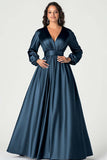 Dark Green A-Line Satin Mother of the Bride Dress with Long Sleeves
