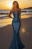 Sparkly Dusty Sage Sequined Spaghetti Straps Mermaid Formal Dress