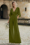 Ivory V-Neck Half Sleeves Wedding Jumpsuits with Pockets