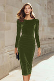 Dark Green Velvet Bodycon Boat Neck Midi Holiday Party Dress with Sleeves
